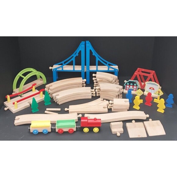 Wooden & Plastic Train Set Shanghai Wooden Arts & Crafts Co Ltd- 50 Pieces - Picture 1 of 7